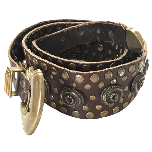 Studded Rosette Belt Brown Leather Brass Color Hardware Rustic Distressed - Picture 15 of 15